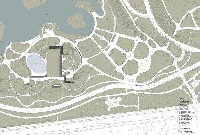 Site plan showing 2013 Tod William Billie Tsien skating rink and landscape. <a href='http://www.archrecord.construction.com/news/2013/12/Lakeside-First-Look/13_full.jpg'>Click to enlarge</a>.<br />