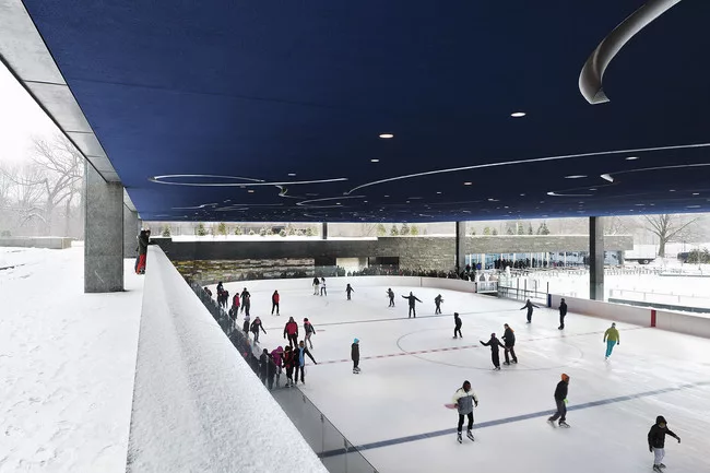 Site plan showing 1961 skating rink and parking lot. <a href='http://www.archrecord.construction.com/news/2013/12/Lakeside-First-Look/12_full.jpg'>Click to enlarge</a>.<br />
