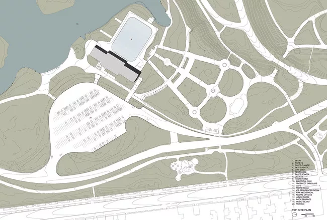 Site plan showing 1961 skating rink and parking lot. <a href='http://www.archrecord.construction.com/news/2013/12/Lakeside-First-Look/12_full.jpg'>Click to enlarge</a>.<br />