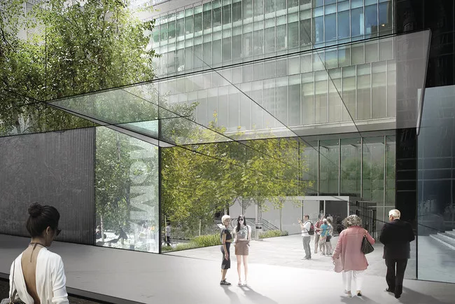 Concept sketch showing Diller Scofidio + Renfro's plan for the Museum of Modern Art. View of the Sculpture Garden entrance on 54th Street.<br />