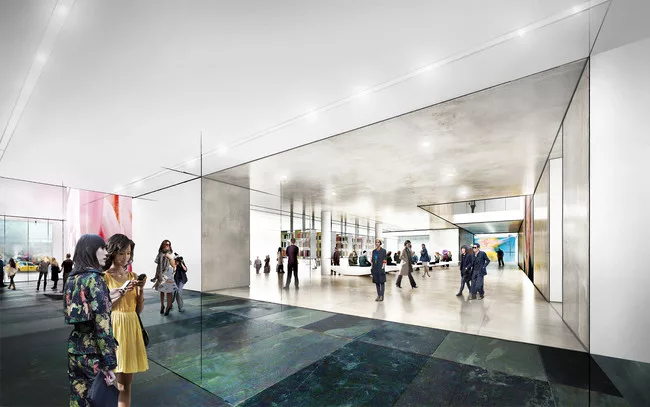 Concept sketch showing Diller Scofidio + Renfro's plan for the Museum of Modern Art. View of the lobby, looking west.<br />