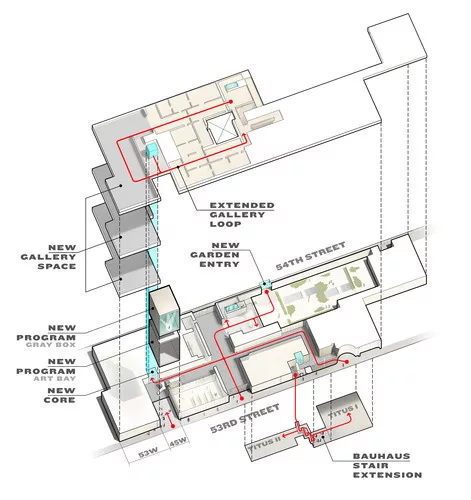 Concept design showing Diller Scofidio + Renfro's plan for the Museum of Modern Art. Axonometric projection.<br />