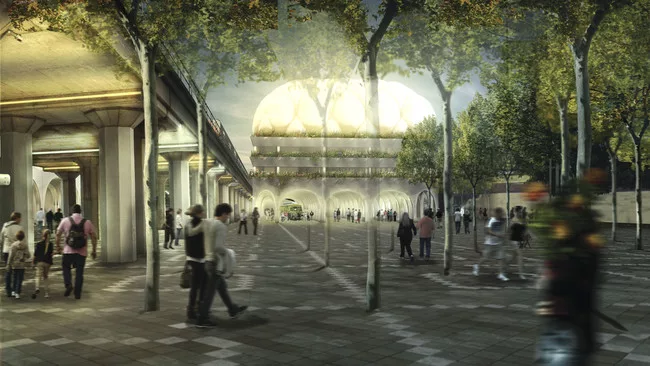 Utile, Inc.'s scheme for Rockville Centre, where a train station on columns already exists, would add monumental arcades to shelter a garage during the week and a pedestrian plaza on weekends.