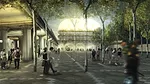 Utile, Inc.'s scheme for Rockville Centre, where a train station on columns already exists, would add monumental arcades to shelter a garage  during the week and a pedestrian plaza on weekends.