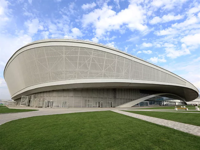 <strong>Adler Arena</strong><br /><strong>Architect: StoryInternational with Cannon Design</strong><br />The architects gave this speed-skating venue a relatively tame blue and gray glass entrance, bu
