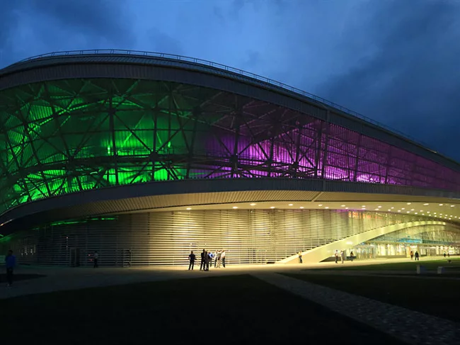 <strong>Adler Arena</strong><br /><strong> Architect: StoryInternational with Cannon Design</strong><br /> The architects gave this speed-skating venue a relatively tame blue and gray glass entrance,