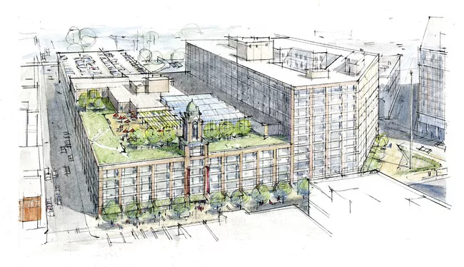 Under The Architectural Team's plan, the Sibley's building would gain several hundred thousand  square feet of office space, nearly 200 apartments, an underground parking garage, street-level shops, a