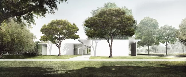 The Menil Drawing Institute, west façade as seen from the Energy House.