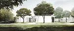 The Menil Drawing Institute, west façade as seen from the Energy House.