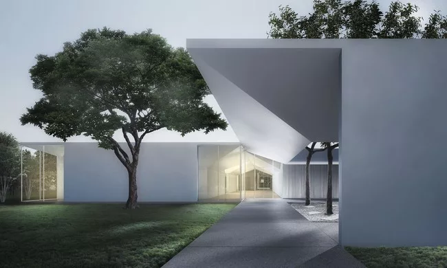 Menil Drawing Institute at dusk, looking past the west entrance courtyard.