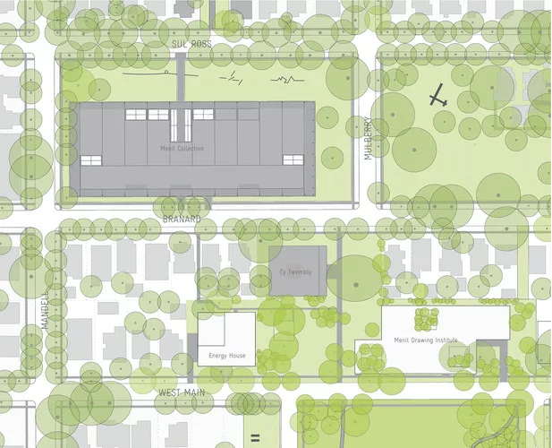 Site plan for the Menil Drawing Institute and new Energy House in relation to the main museum building and Cy Twombly Gallery.