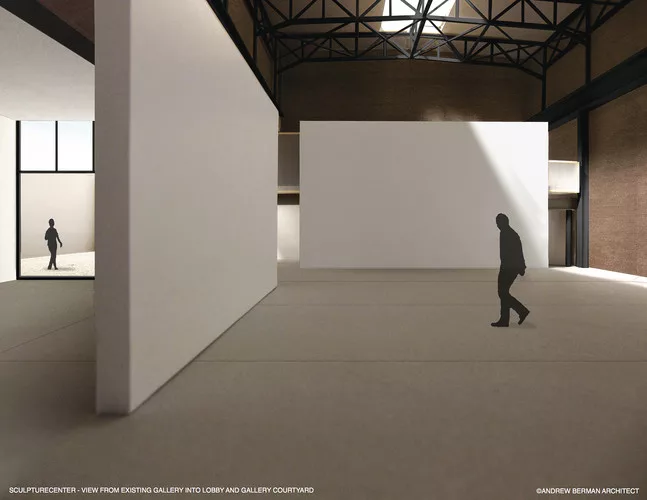 A rendering of Andrew Berman's addition to and renovation of SculptureCenter's building, a 1908 former trolley repair shop in New York City.