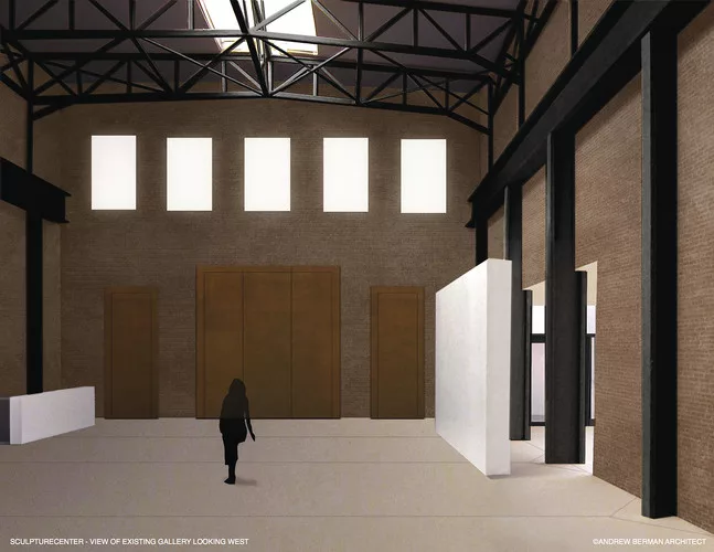 A rendering of Andrew Berman's addition to and renovation of SculptureCenter's building, a 1908 former trolley repair shop in New York City.