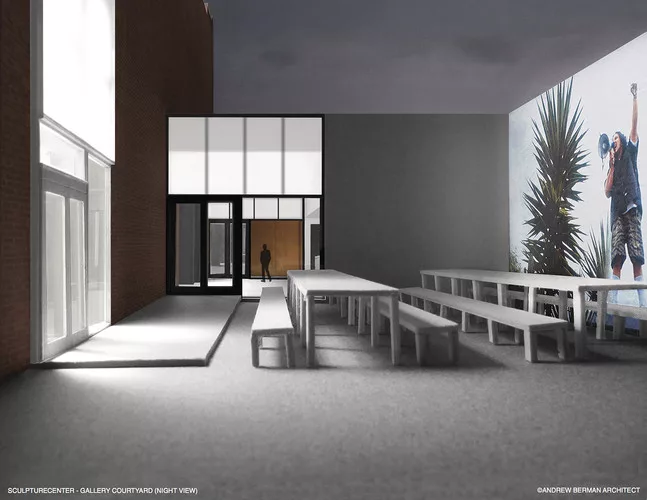 A rendering of Andrew Berman's addition to and renovation of SculptureCenter's building, a 1908 former trolley repair shop in New York City.
