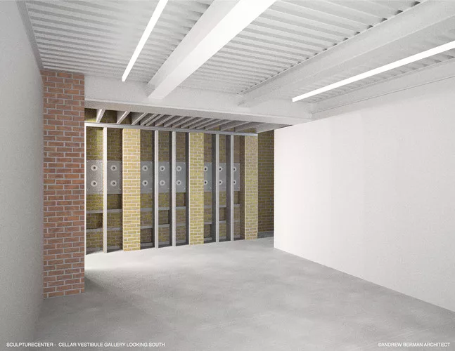A rendering of Andrew Berman's addition to and renovation of SculptureCenter's building, a 1908 former trolley repair shop in New York City.