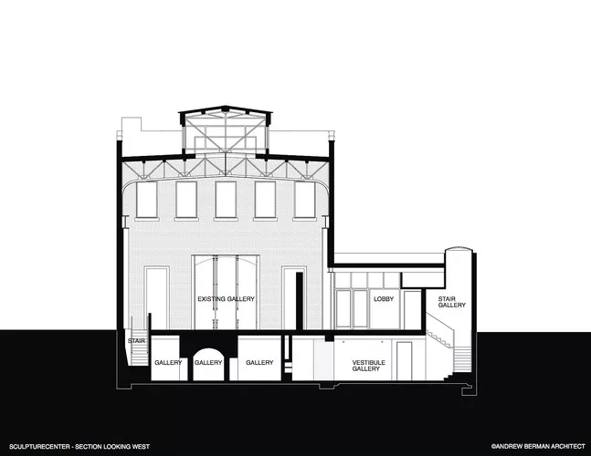 A rendering of Andrew Berman's addition to and renovation of SculptureCenter's building, a 1908 former trolley repair shop in New York City.