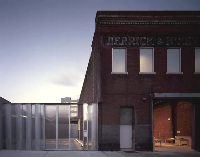 Maya Lin's entrance to SculptureCenter's courtyard shown prior to the current renovation.<br />