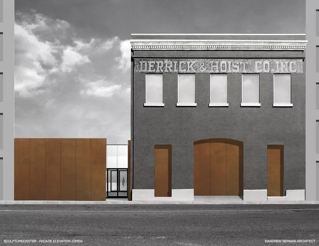 A rendering of Andrew Berman's addition to and renovation of SculptureCenter's building, a 1908 former trolley repair shop in New York City.