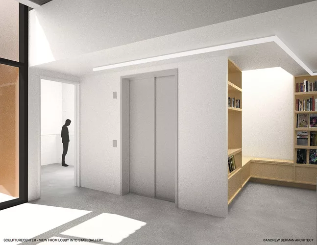 A rendering of Andrew Berman's addition to and renovation of SculptureCenter's building, a 1908 former trolley repair shop in New York City.