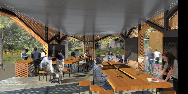 The firm wanted the educational building to be low-maintenance and serve as a tool in itself, so they integrated fieldwork instruments into the structure.