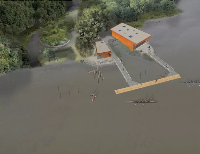 The winning design, Edge Portals, places two rectangular  buildings on two separate peninsulas flush with the water’s edge. Two gangways  from the buildings connect with a floating dock.