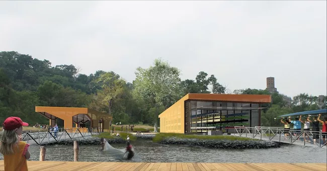 Both structures will be made of a latticed, weathering steel  skin, allowing for durability and permeability for floodwaters.