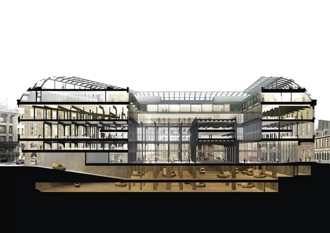 In July 2012, Dominique Perrault Architecture won a competition to transform France's biggest post office into a mixed-use municipal and commercial facility. The Poste Centrale du Louvre (Central Po
