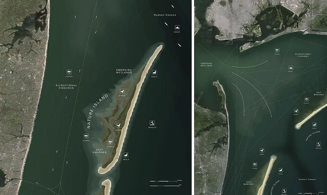 WXY Architecture and Urban Design and West 8 avoided high flood walls by proposing a series of protective sand islands that would run along the Atlantic seacoast from Cape Cod, Massachusetts, to Cape
