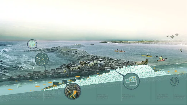 Scape's team proposes a necklace of breakwaters along the South Shore of Staten Island to buffer against wave damage, flooding, and erosion. A “reef street” would host finfish, shellfish,