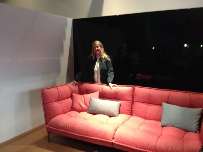 Patricia Urquiola with her Husk sofa at the B&amp;B Italia showroom.