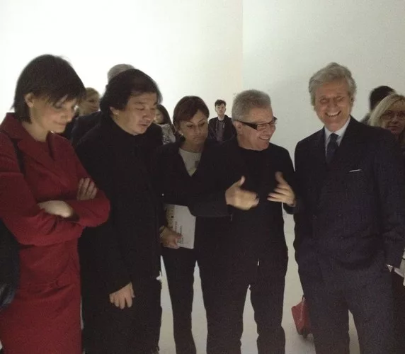 Shigeru Ban, Daniel Libeskind, and Kartell CEO and Salone president Claudio Luti at the <em>Where Architects Live</em> exhibition. <br />
