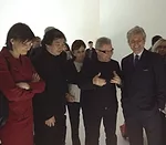 Shigeru Ban, Daniel Libeskind, and Kartell CEO and Salone president Claudio Luti at the <em>Where Architects Live</em> exhibition. <br />