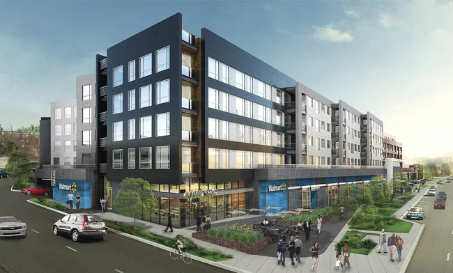 Hickok Cole Architects designed 345 residential units atop a 125,000-square-foot Walmart in the Fort Totten neighborhood of Washington, D.C.