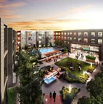 Fort Totten Square will have two interconnected courtyards for  residents, featuring a swimming pool, a garden, and large club room  surrounded by an outdoor terrace.