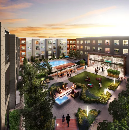 Fort Totten Square will have two interconnected courtyards for residents, featuring a swimming pool, a garden, and large club room surrounded by an outdoor terrace.