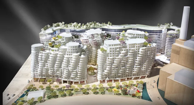 Frank Gehry and Foster + Partners unveiled their designs for residential buildings that will be part of London’s redeveloped Battersea Power Station site. Gehry's buildings are in the foreground