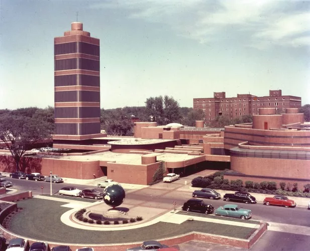 An aerial view of the S.C. Johnson campus in Racine, Wisconsin, c. 1955.