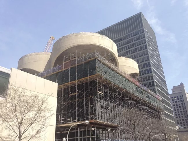 This was what remained of Bertrand Goldberg's Prentice Women's Hospital on Sunday, April 20. Northwestern University is razing it and building a laboratory by Perkins+Will.