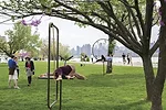 Performers precariously snooze in artist Eva Kotátková's installation <em>The Architecture of Sleep</em> at the Frieze New York art fair last weekend.<br />