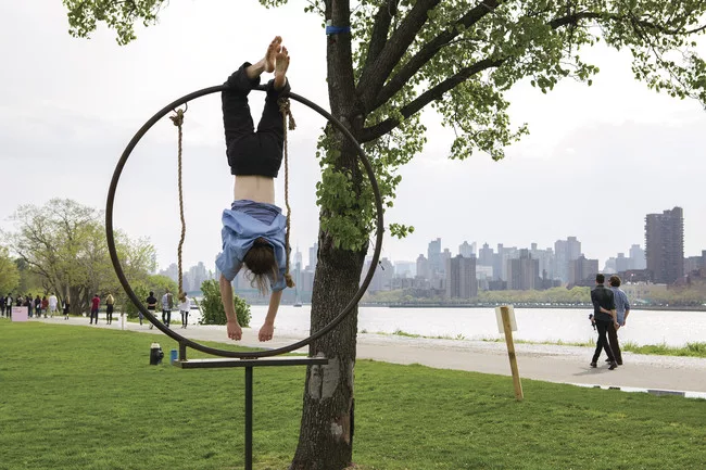 Performers precariously snooze in artist Eva Kotátková's installation <em>The Architecture of Sleep</em> at the Frieze New York art fair last weekend.<br />