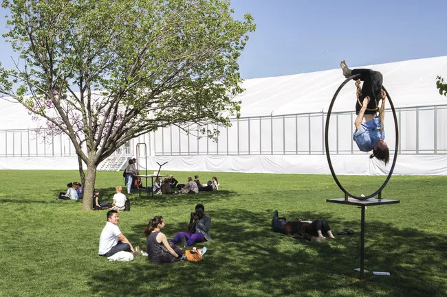 Performers precariously snooze in artist Eva Kotátková's installation <em>The Architecture of Sleep</em> at the Frieze New York art fair last weekend.<br />
