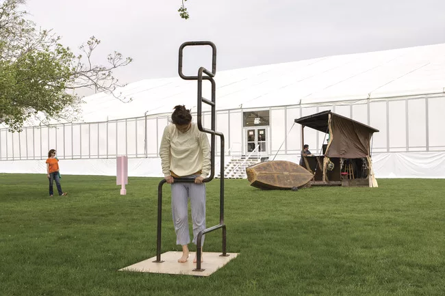 Performers precariously snooze in artist Eva Kotátková's installation <em>The Architecture of Sleep</em> at the Frieze New York art fair last weekend.<br />