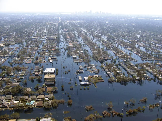 New Orleans, Louisiana, 2005. Flood waters in New Orleans, located below  sea level, were slow to dissipate after levees failed during Hurricane  Katrina, causing billions in damages.