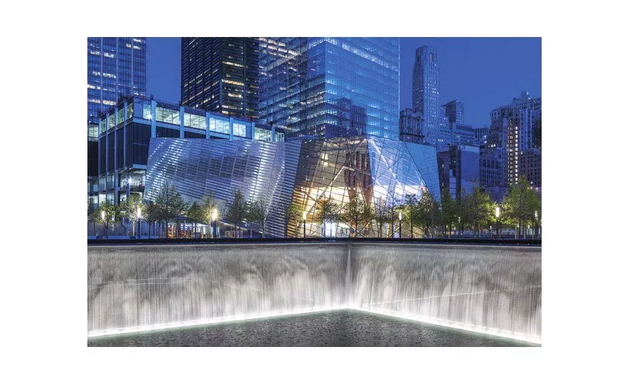 View of the Museum entry pavilion from one of the Memorial pools.