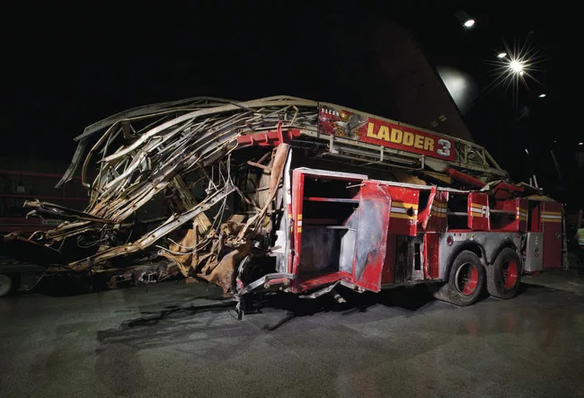 Eleven members of FDNY Ladder Company 3 died inside the North Tower when it collapsed at 10:28 a.m. The front of their truck was shorn off during the collapse.