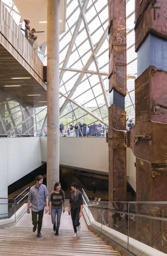 Stairs going down from entry level to lobby of museum.