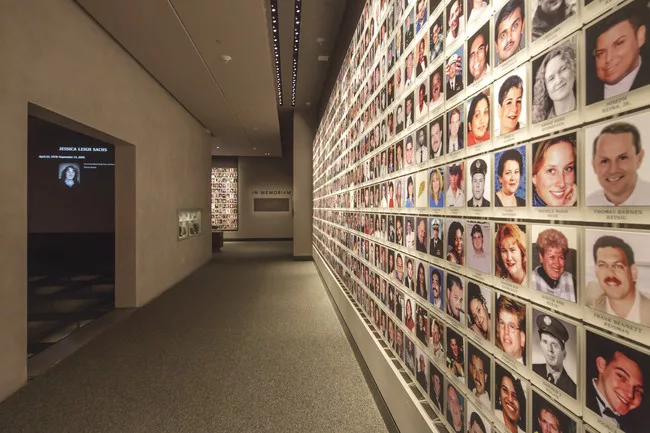 Memorial exhibition with photographs of 9/11 victims.