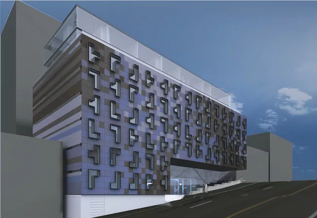 HAP 4, on West 187th Street, has a front façade consisting of Tetris-like panels in shades of blue and grey.