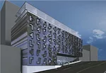 HAP 4, on West 187th Street, has a front façade consisting of Tetris-like panels in shades of blue and grey.