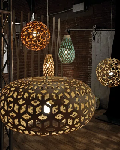 David Trubridge’s bamboo light fixtures are offered in flat-packed, kits of parts that the user assembles.